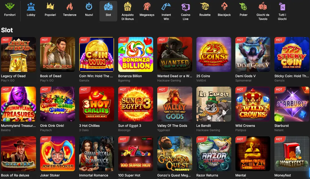 Offerta di Giochi nel Casinò Online