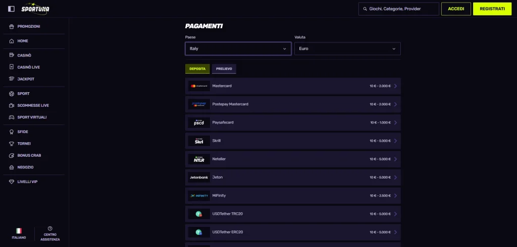 sportuna Metodi di Pagamento